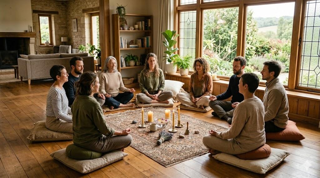 Petit cercle intimiste de 6-8 personnes sur coussins de méditation