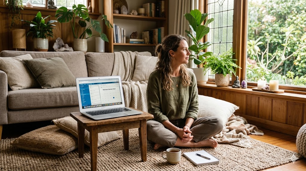 Organisatrice en réflexion stratégique devant son laptop