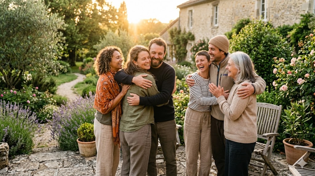 Petit groupe souriant en fin de retraite, lumière dorée