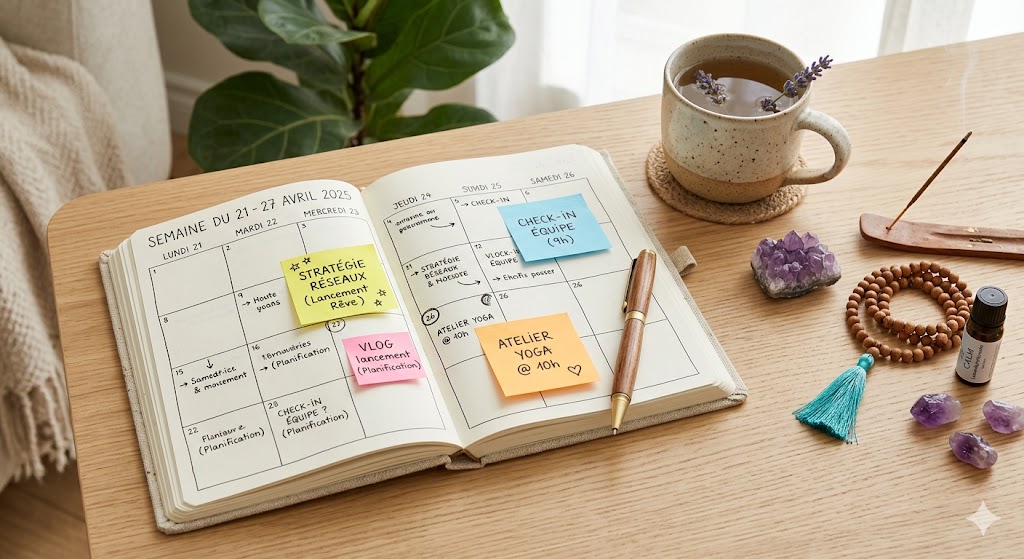 Agenda de planification avec post-its dans un univers bien-être