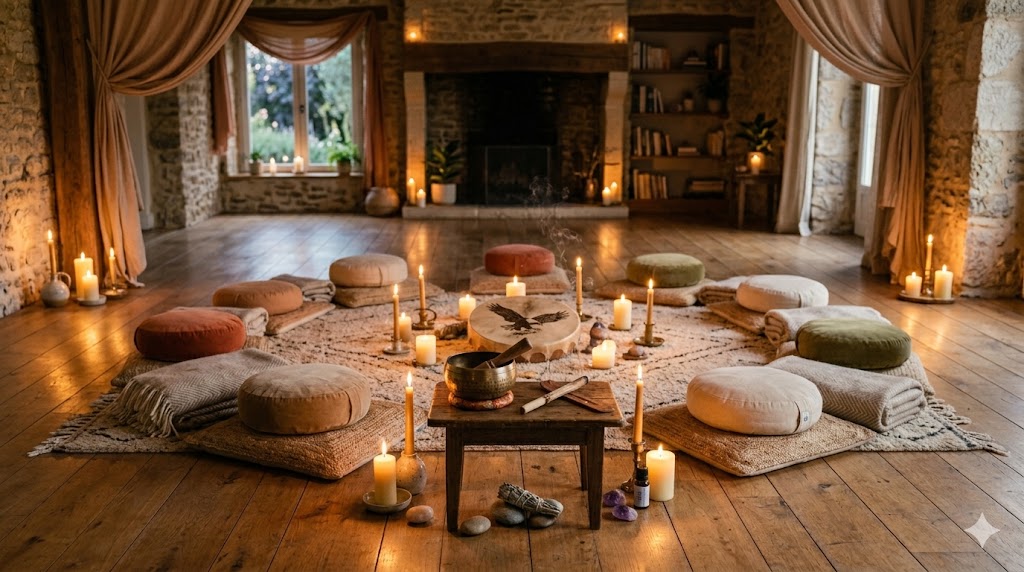 Espace de pratique préparé avec soin — coussins, bougies, lumière tamisée