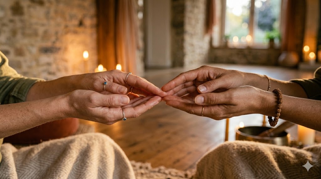 Deux mains qui se rapprochent doucement — toucher conscient et consentement